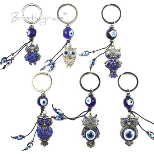 BRISTLEGRASS Turkish Blue Evil Eye Rhinestone Owl Keychain Key Chain Ring Holder Lucky Charm Hanging Pendant Blessing Protection