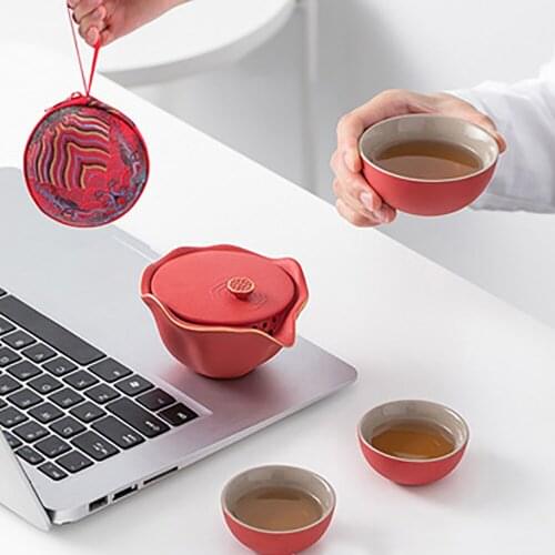 Travel Ceramic Teacup Lotus Teapot Mouth Chinese Kung Fu Portable Infuser Teaware Outdoor Ceramic Retro Tea Cup Set with Bag