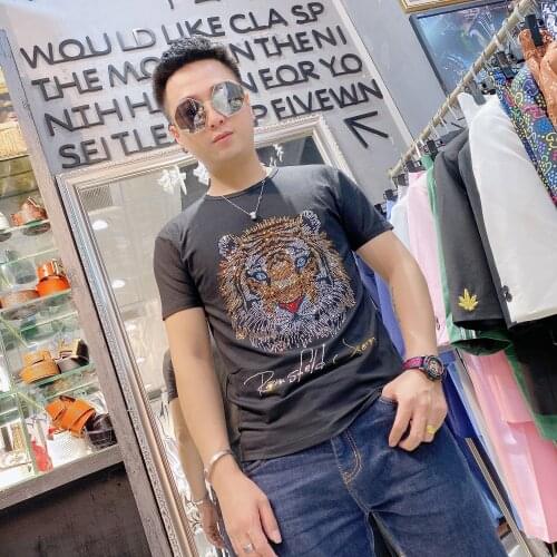 2021 Summer 100% Cotton Hot Diamond T-shirt Mens Tiger Pattern O-neck Black Top Fitness Breathable Street