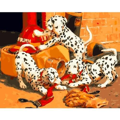 Painting By Numbers DIY Dropshipping 50x65cm Three play spotted puppies Animal Handmade For Living Room Wall Decor Oil Painting