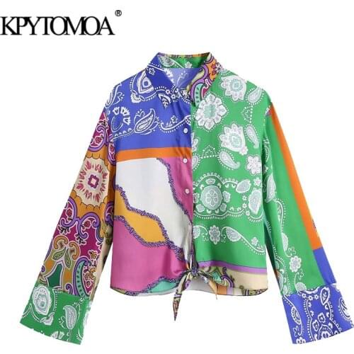KPYTOMOA Women 2021 Fashion With Bow Tied Patchwork Print Blouses Vintage Long Sleeve Button-up Female Shirts Blusas Chic Tops