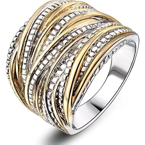 Hot Sale Micro Inlaid Zircon Winding Multilayer Gold Color Geometric Irregular Two-tone Ring for Women Party Jewelry Accessories