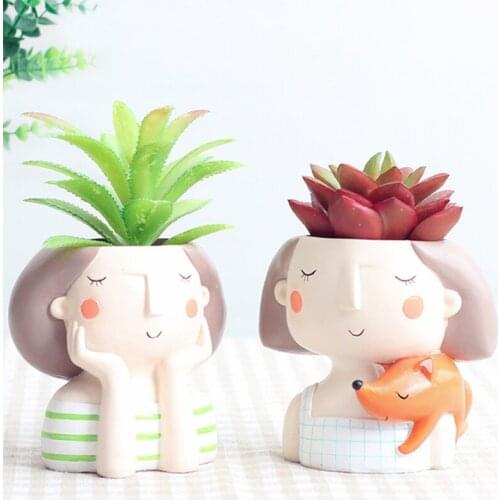 Cute Girl Shaped Resin Succulent Plant Pot Cartoon Drain Hole Mini Flowerpot