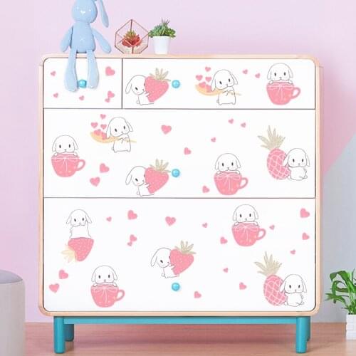 Cute Strawberry Rabbit Wall Stickers Girl Room Decor Pink Bedroom Wall Decoration Mural Wallpaper Art Home Decor