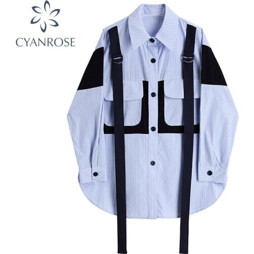 Fashion Striped Shirt Womens New Design Autumn Loose Casual Streetwear Long Blouse 2021 Oversize Boyfriend Y2k Tops Female