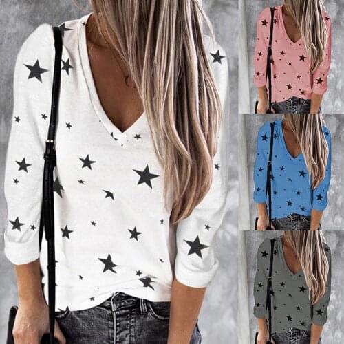 2020 Fashion Women Digital Stars Print Cotton T-shirt Fashion Casual Leisure V-neck Long Sleeve Top Blouse