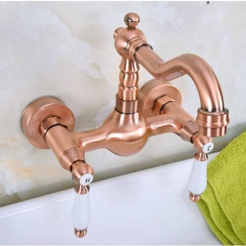 Wall Mounted Antique Red Copper Dual Ceramic Handles Swivel Spout Kitchen Sink Mixer Tap / Bathroom Basin Faucets tnf949