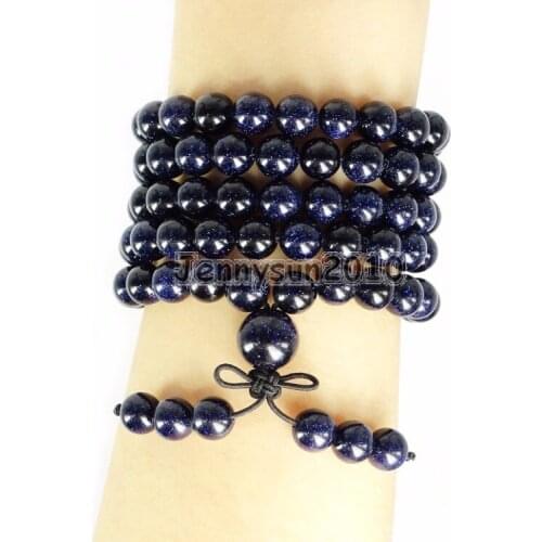 Natural Blue Sand 8mm Gem Stone Buddhist 108 Beads Prayer Mala Multi-Purpose Stretchy Bracelet Necklace 2Strands/Pack