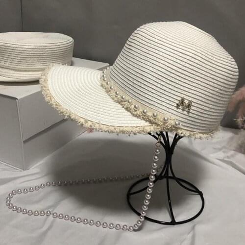 New Fashion Raffia Fringed Paper Straw Cap White Black Women Long Pearls String Visor Sun Hat Summer Beach Cap Derby Cadet Cap