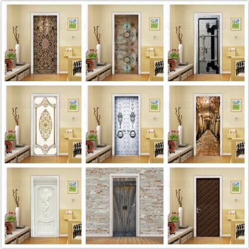 Iron Door Pattern Wallpaper 3D PVC Door Sticker Self-adhesive Waterproof Creative Home Design Decoration Poster Wooden Mural