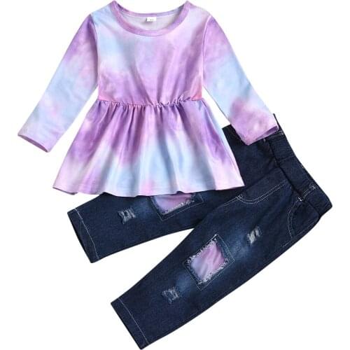 Autumn New Kids Girls Outfits Clothes Tie Dyeing Long Sleeve Ruffles Tops+Holes Ripped Denim Pants Child Girl Party Sets 1-6Y