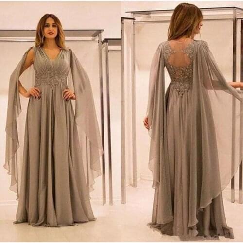Mother Of The Bride Dresses A-line V-neck Chiffon Appliques Beaded Formal Groom Party Gowns Long Plus Size Prom Dress with Cape