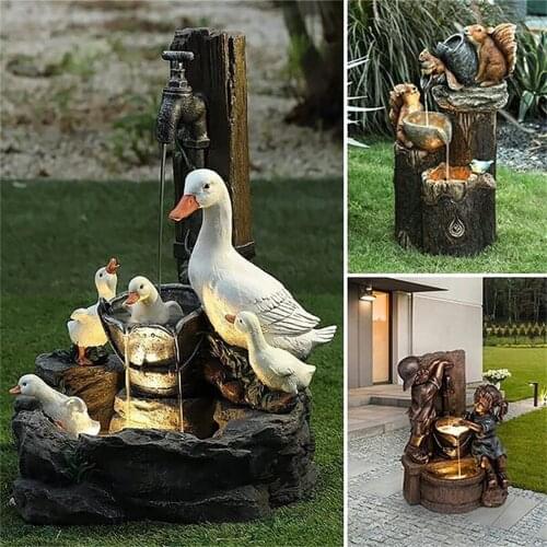 Solar Power Resin Duck Family Patio Fountain Garden Decoration Outdoor Landscape