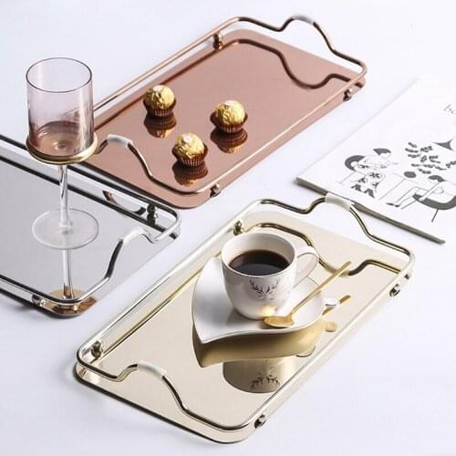 68UC Nordic Style Rectangular Stainless Steel Mirror Tray with Handles Coffee Bar Food Serving Trays Teapot Cup Dessert Plate