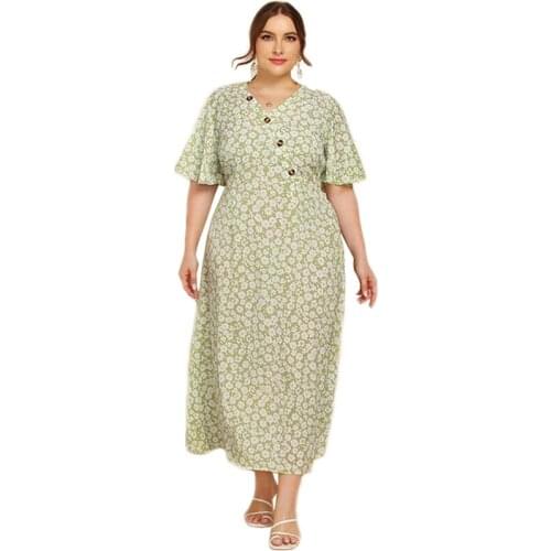 Plus Size Muslim Women Long Dress Floral Print Arab Abaya Ramadan Islamic Clothing Kaftan Summer Short Sleeve Casual Loose Dress