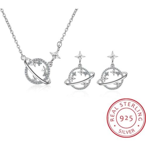 Glittering Zirconia Universe Planet Star Jewelry Set 925 Sterling Silver Necklace Earring Set For Women Wedding Gift