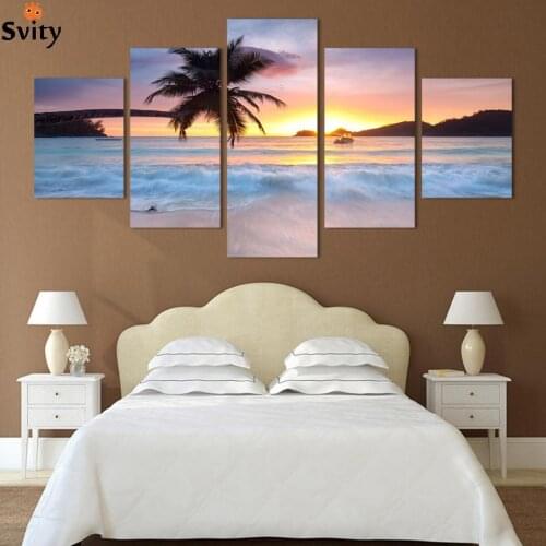 Top-Rated Large HD Canvas Print for Living Room, coco tree & sunset Sea, 5 panel Wall Art Picture/Photo Painting Artwork