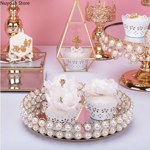 Nordic Creative Pearl Mirror Tray Cake Stand Wedding Dessert Table Layout Decorative Ornaments Cosmetics Jewelry Storage Tray
