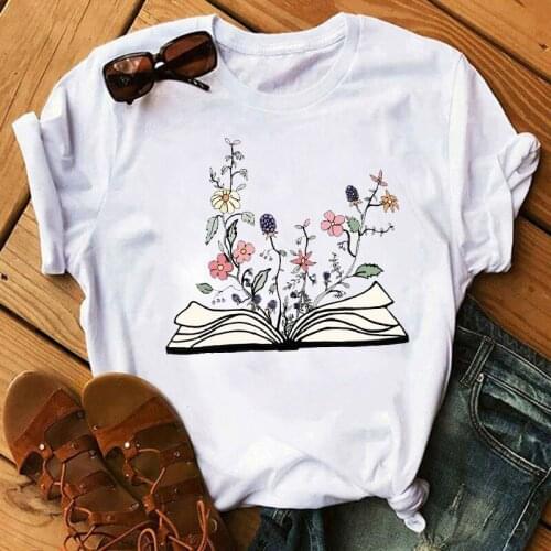 Women T Shirt Graphic Book Flower Painting Print Fashion Summer T-Shirt Tops Lady Clothes Womens Clothing Tee Female T Shirt