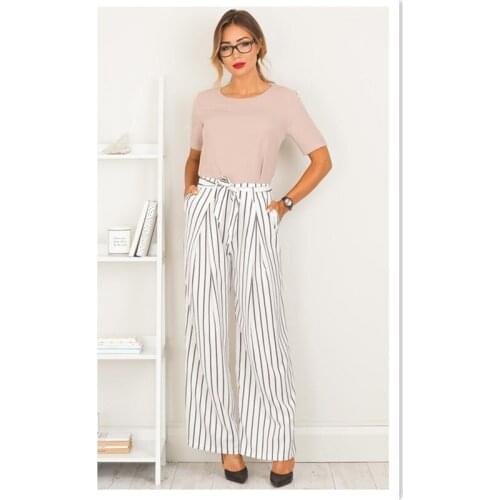 Womens 2020 Spring Summer Autumn Classic Ladies Striped Belt Wide Leg Ladies Casual Pants