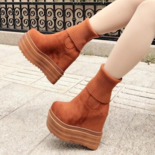 Womens Mid-Calf Boots Winter Knitting Wool Hidden Heel Woman Warm Winter Boots Fashion Platform Thick Sole Shoes Women Boot