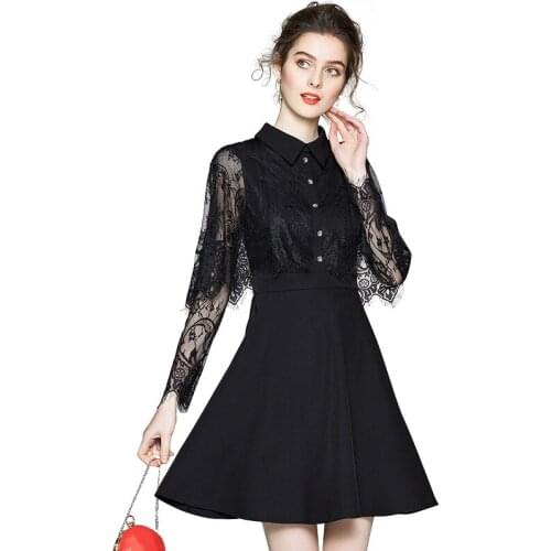 Women elegant lace dress Spring and summer 2020 new fashion turn-down collar long sleeve little black dresses