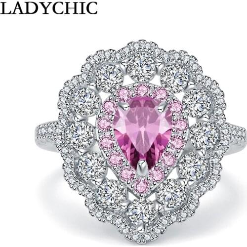 LADYCHIC Exquisite Water Drop Shape Pink Zircon Crystal Rings Fashion Silver Color Engagement Ring Gift Female Jewelry LR1075