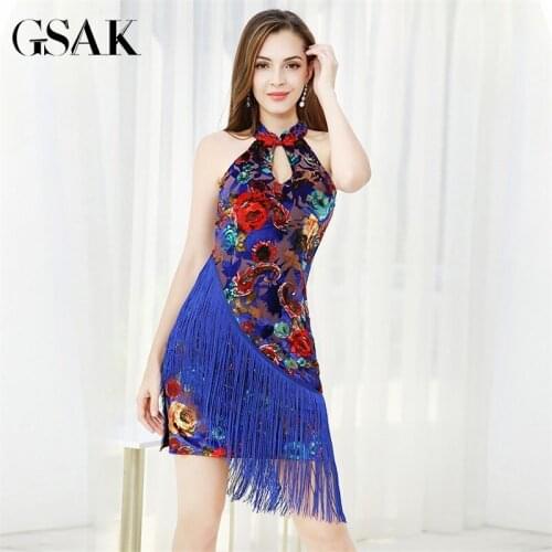 Women Latin Dance Dress Floral Printed Classic QiPao Cheongsam Sexy Dance Dress Latin Cha Cha Tango dance costume Party Dress
