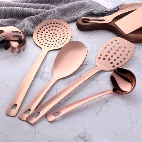 1PC Stainless Steel Non-Stick Rose Gold Kitchenware Long Soup Spoon Cooking Tools Metal Polish Mini Fork Slotted Turner Utensils