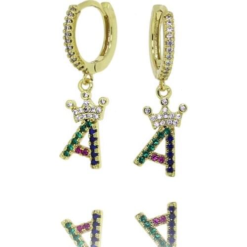 5pairs/set Electroplated 4K Gold Copper Micro-color Zircon 26 Letters Name Initials Small Pendant Hoop Women Earring For Girls