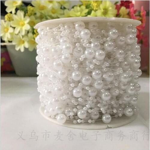 60Meters/Lot White Fishing Line Artificial 8+3mm Pearls Beads Chain Garland Flowers For Wedding Bridal Bouquet Flower Decoration