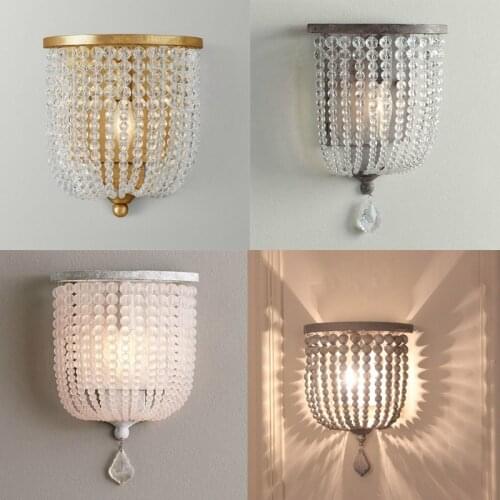 American crystal wall lamp bedroom bedside lamp country retro wooden bead wall lamp aisle corridor mirror lamp