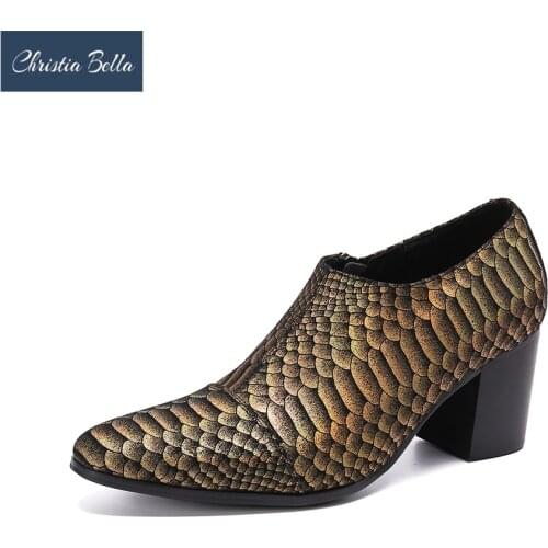Christia Bella Snake Pattern Men Leather Shoes Fashion High Heel Men Party Dress Shoes Big Size Increase Height Men Dancer Boots