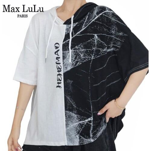 Max LuLu 2021 European Street Style Summer Girls Patchwork Hooded Tees Womens Black White T-shirts Ladies Casual Tops Plus Size