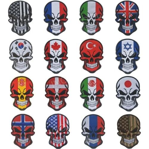 Skull Head W/ France USA Italy Mexico Korea Japan United Kingdom Turkey Israel Spain Denmark Norway Russia Canada Flag Patches