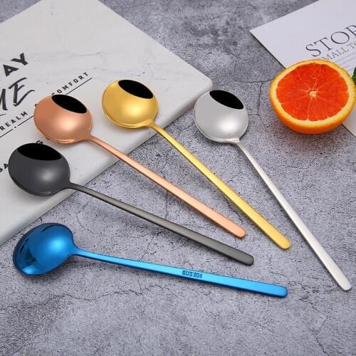 1 PC 304 Stainless Steel Korean Spoon Large Round Spoon Tableware Stirring Long Handle Spoon Gilded Spoon