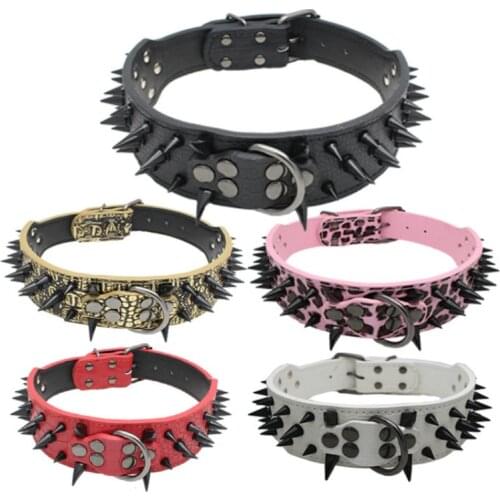 Punk Round Spiked Studded Width Solid Color Pu Leather Pet Dog Anti Bite Collars Pitbull Mastiiff Bulldog Collar 5pcs/lot