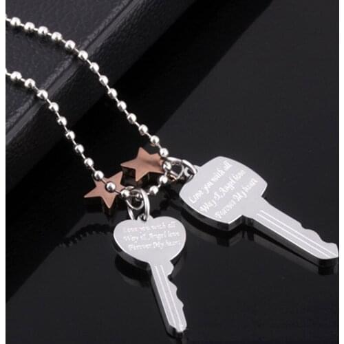 Stainless Steel Scripture Engraved Valentines Day Lovers Key Pendant Necklace Wholesale Personality jewelry with chain