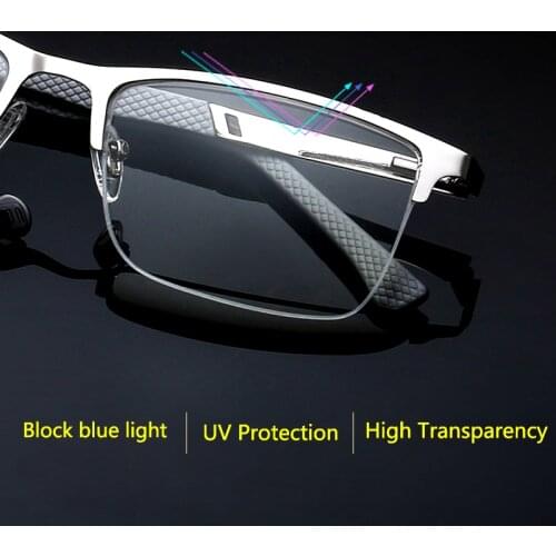 Half Rim Reading Glasses for Men Presbyopia UV Protection Computer Anti-blue Light Radiation Metal Frame Silver 1.5 2.5