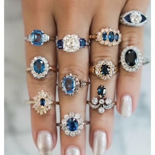 11 Pcs / Set Vintage Blue Zircon Crystal Ring Set Combination Ring for Women Retro Luxurious Knuckle Rings Exaggerated Jewelry