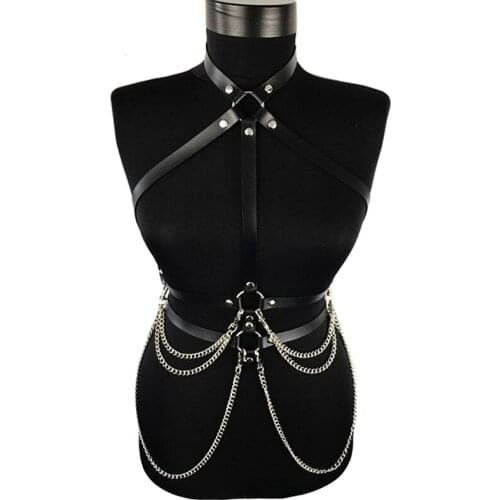 New Sexy Women Suspenders Leather Belt Harajuku Gothic Lingerie Adjustable Bondage Holographic Metal Chain Tassel Harness Chest