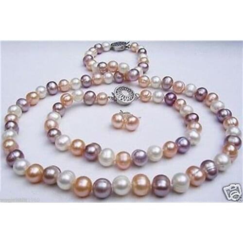 7-8mm white pink purple freshwater pearl necklace + bracelet +earrin 7.5 inch