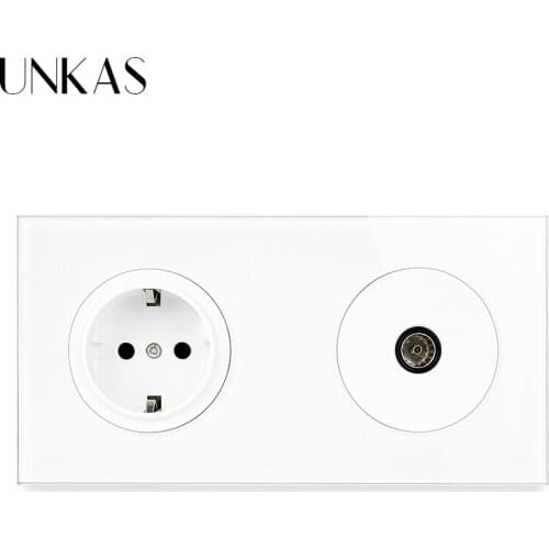 UNKAS 2 Gang Crystal Tempered Pure Glass Panel EU Standard Wall Socket + Female TV Connector 172*86mm