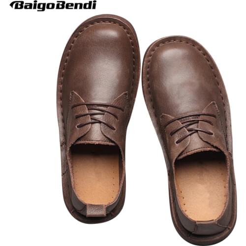 Recommend ! Men Retro Round Toe Four Season Casual Shoes Leisure Man Full Grain Leather Shoes Lace Up Soft Oxfords