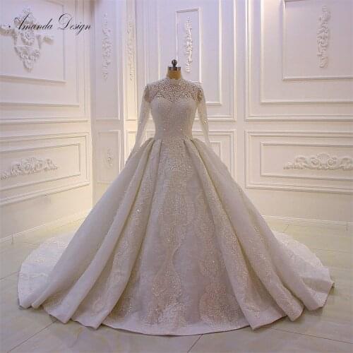 Amanda Design bouquet mariage High Neck Long Sleeve Lace Appliqued Muslim Wedding Dress