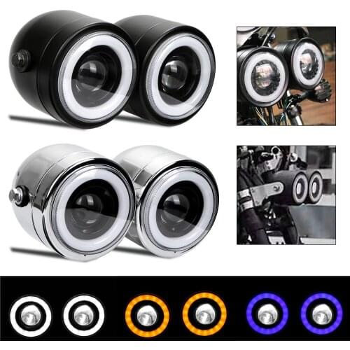 Motorcycle Universal LED Dual Front Headlight Turn Signal Light with Angle Eyes for Harley Softail 1986-13 Fat Boy FLSTF Bobber