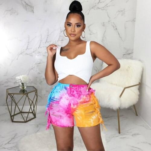 Rainbow Tie Dyeing Print Casual Denim Shorts for Women High Waist Side Tassels Patchwork Jeans High Street Hollow Hole Bottoms