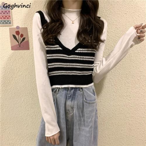 V-neck Striped Sweater Vest Women Slim Students Ulzzang Preppy Style Sleeveless Knitted Crop Tops Leisure Retro All-match Jumper