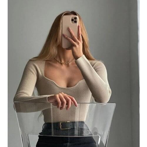 2021 New Women Knit Sweater Top Long sleeve heart-neck Casual Fashion Woman Slim-fit Tight Knitted sweaters Pullover Tops