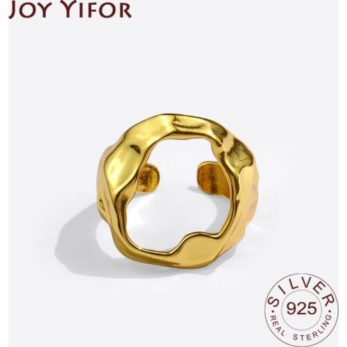 925 Sterling Silver Irregular Handmade Ring for Women Creative Geometric Wide Anillos Jewelry Gift Round Hollowout Adjustale